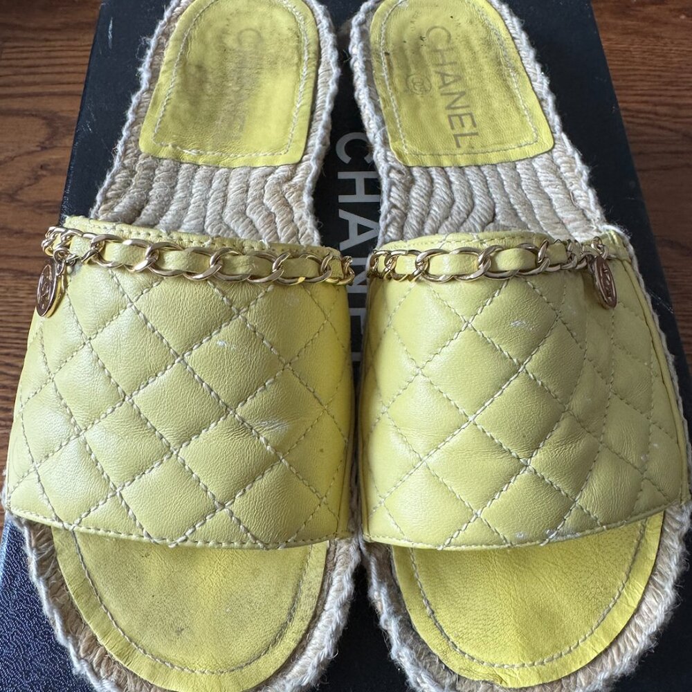 Chanel Yellow Lambskin Quilted Espadrille Slides Chain